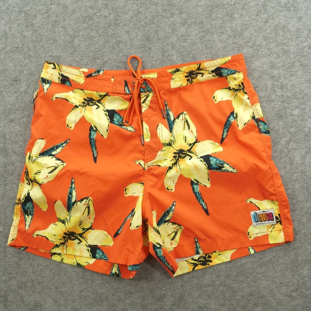 Deus Ex Machina Board Shorts Mens 36 Orange Floral Elastic Waist Drawstring